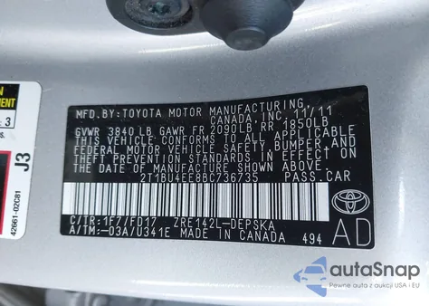 2011 Toyota Corolla S из США, поврежденный, VIN 2T1BU4EE8BC736735